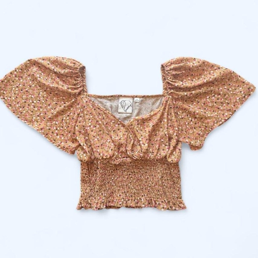 Milkmaid peasant romantic puffy sleeves ruffled hem top size small Janet Chung